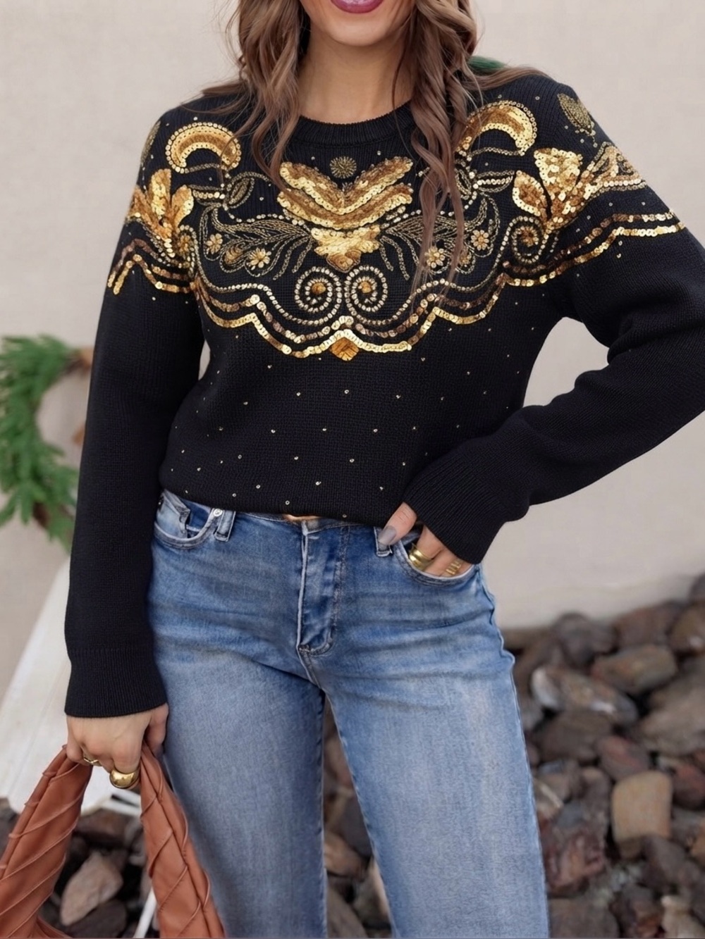 Vintage 90s Victoria Harbour Black & Gold Sequin Statement Sweater